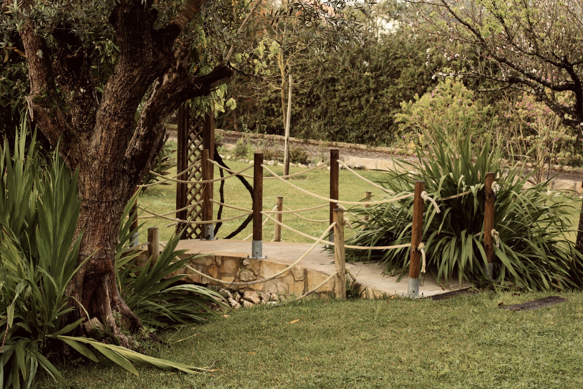 Passagem de jardim com cordas, madeira e vegetação