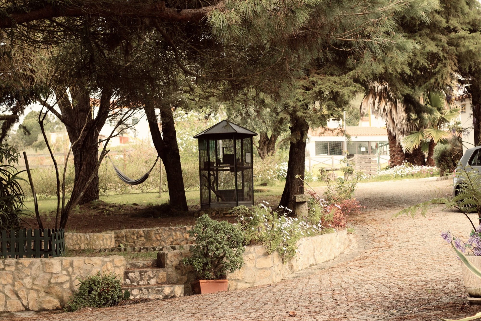Recanto arborizado com rede nos jardins da quinta